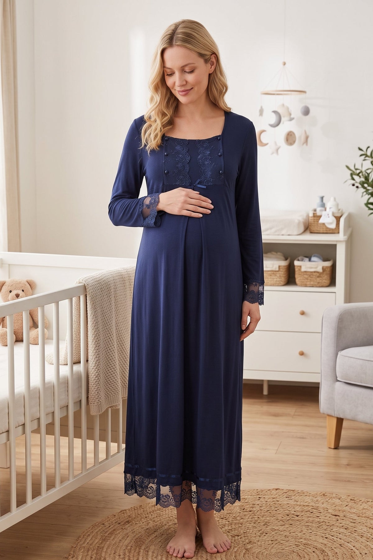 Lace Sleeve Maternity Feeding-Friendly Nightgown Navy Blue - T3043