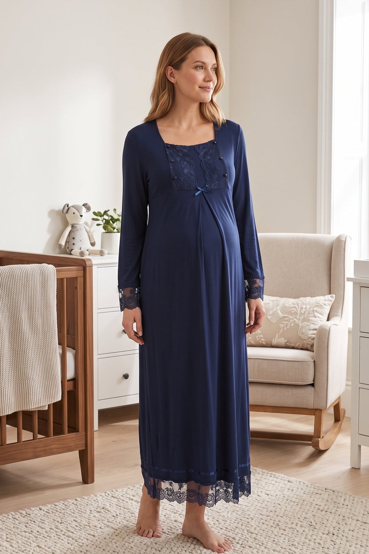 Lace Sleeve Maternity Feeding-Friendly Nightgown Navy Blue - T3043