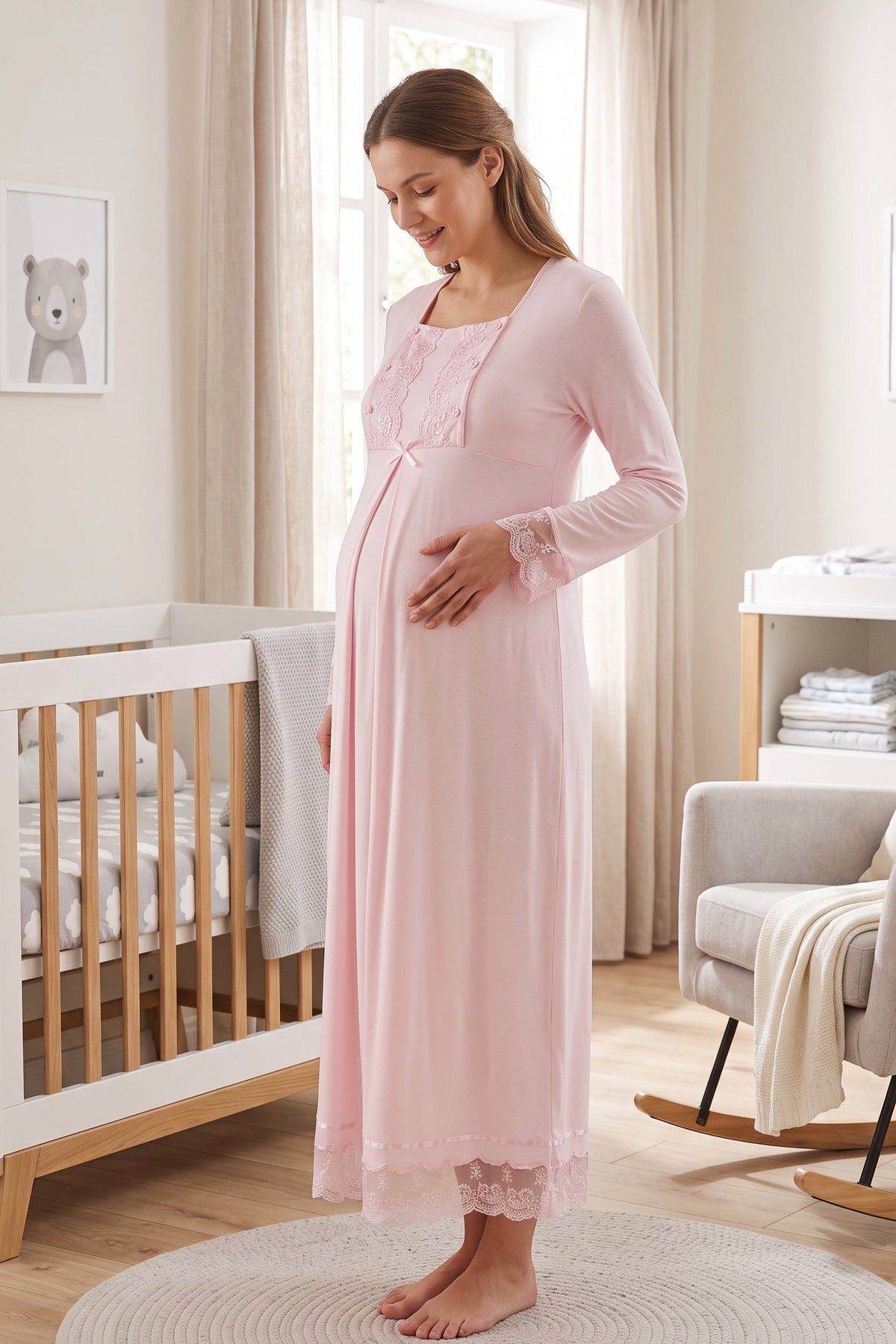 Lace Sleeve Maternity Feeding-Friendly Nightgown Pink - T3043