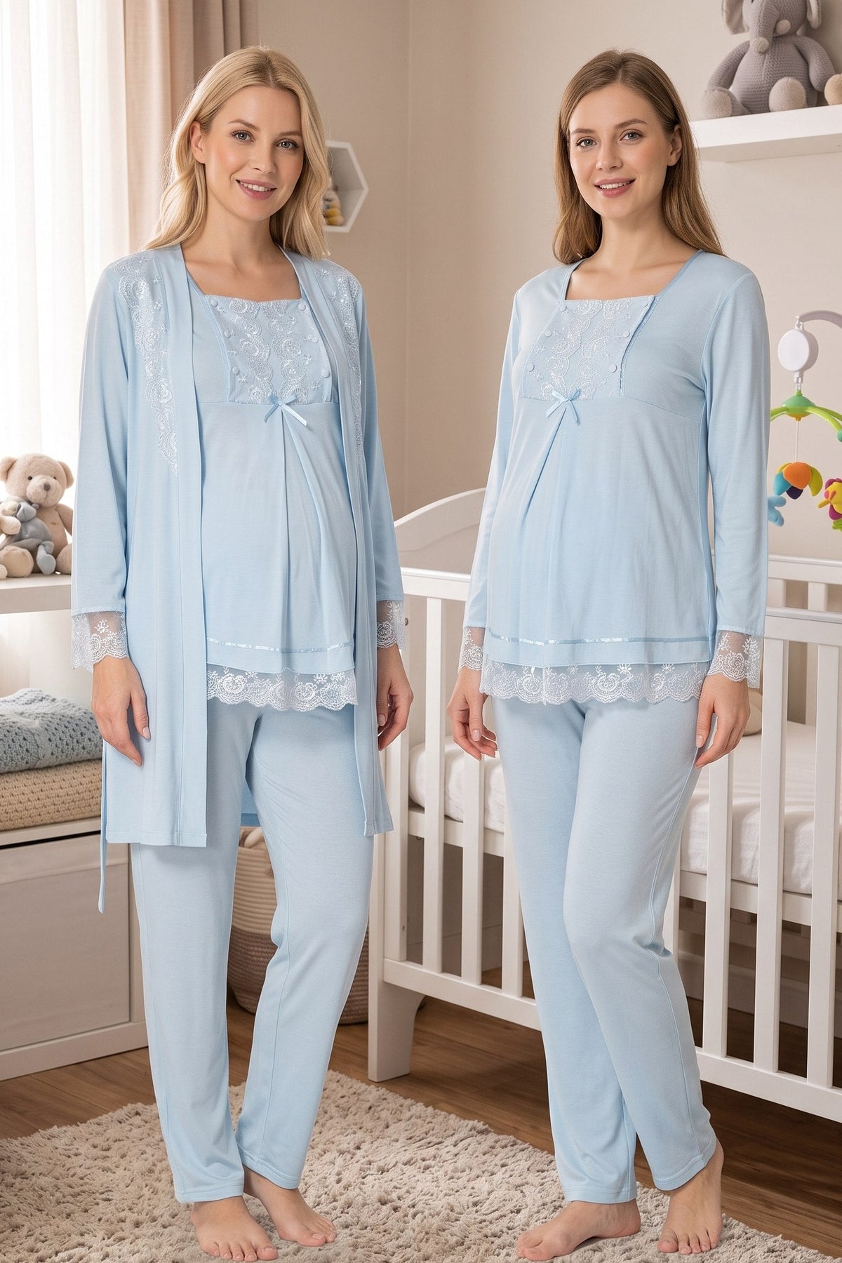 Lace Sleeve 3-Piece Maternity Feeding-Friendly Pajama & Robe Set Blue - T3044