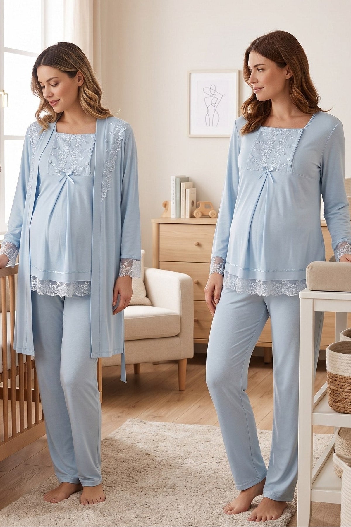 Lace Sleeve 3-Piece Maternity Feeding-Friendly Pajama & Robe Set Blue - T3044