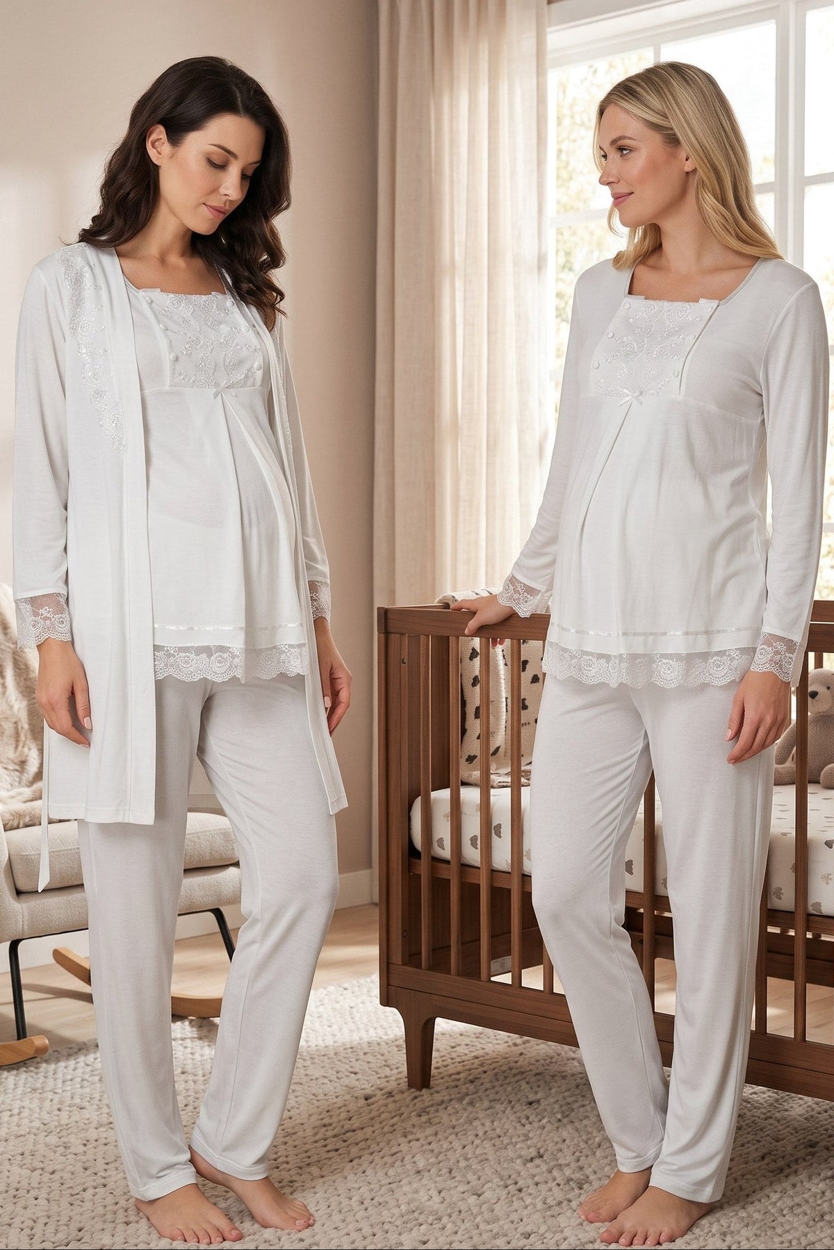 Lace Sleeve 3-Piece Maternity Feeding-Friendly Pajama & Robe Set Ecru - T3044