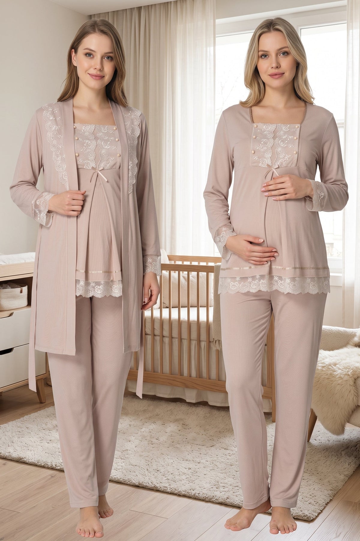 Lace Sleeve 3-Piece Maternity Feeding-Friendly Pajama & Robe Set Mink - T3044