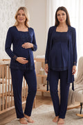 Lace Sleeve 3-Piece Maternity Feeding-Friendly Pajama & Robe Set Navy Blue - T3044