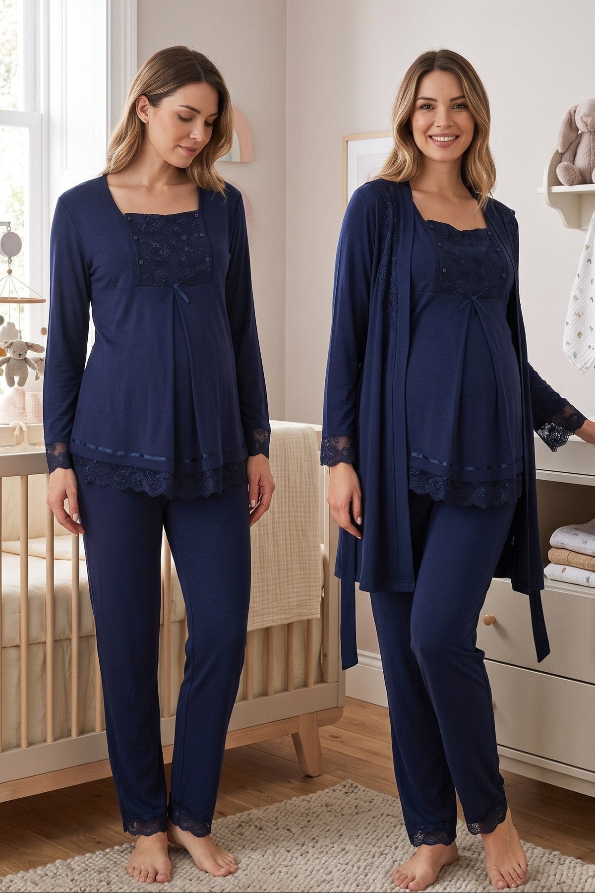 Lace Sleeve 3-Piece Maternity Feeding-Friendly Pajama & Robe Set Navy Blue - T3044