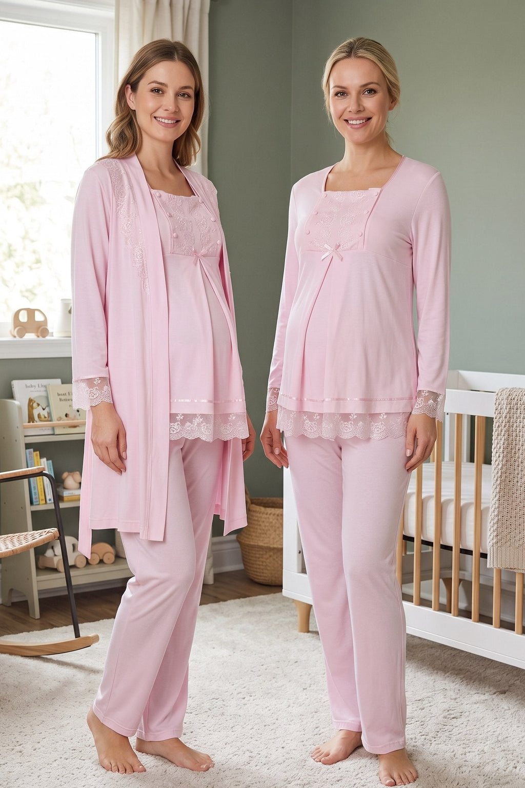 Lace Sleeve 3-Piece Maternity Feeding-Friendly Pajama & Robe Set Pink - T3044