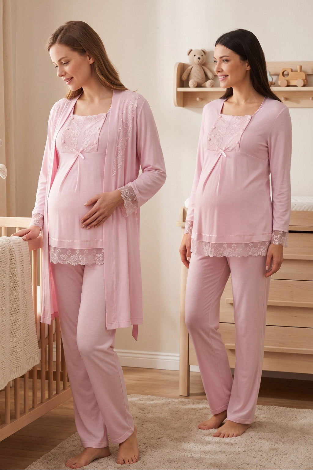 Lace Sleeve 3-Piece Maternity Feeding-Friendly Pajama & Robe Set Pink - T3044