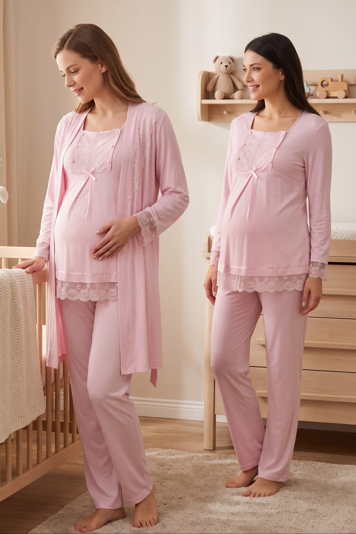Lace Sleeve 3-Piece Maternity Feeding-Friendly Pajama & Robe Set Pink - T3044