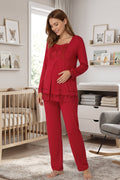 Lace Sleeve Maternity Feeding-Friendly Pajama Set Cherry - T3045