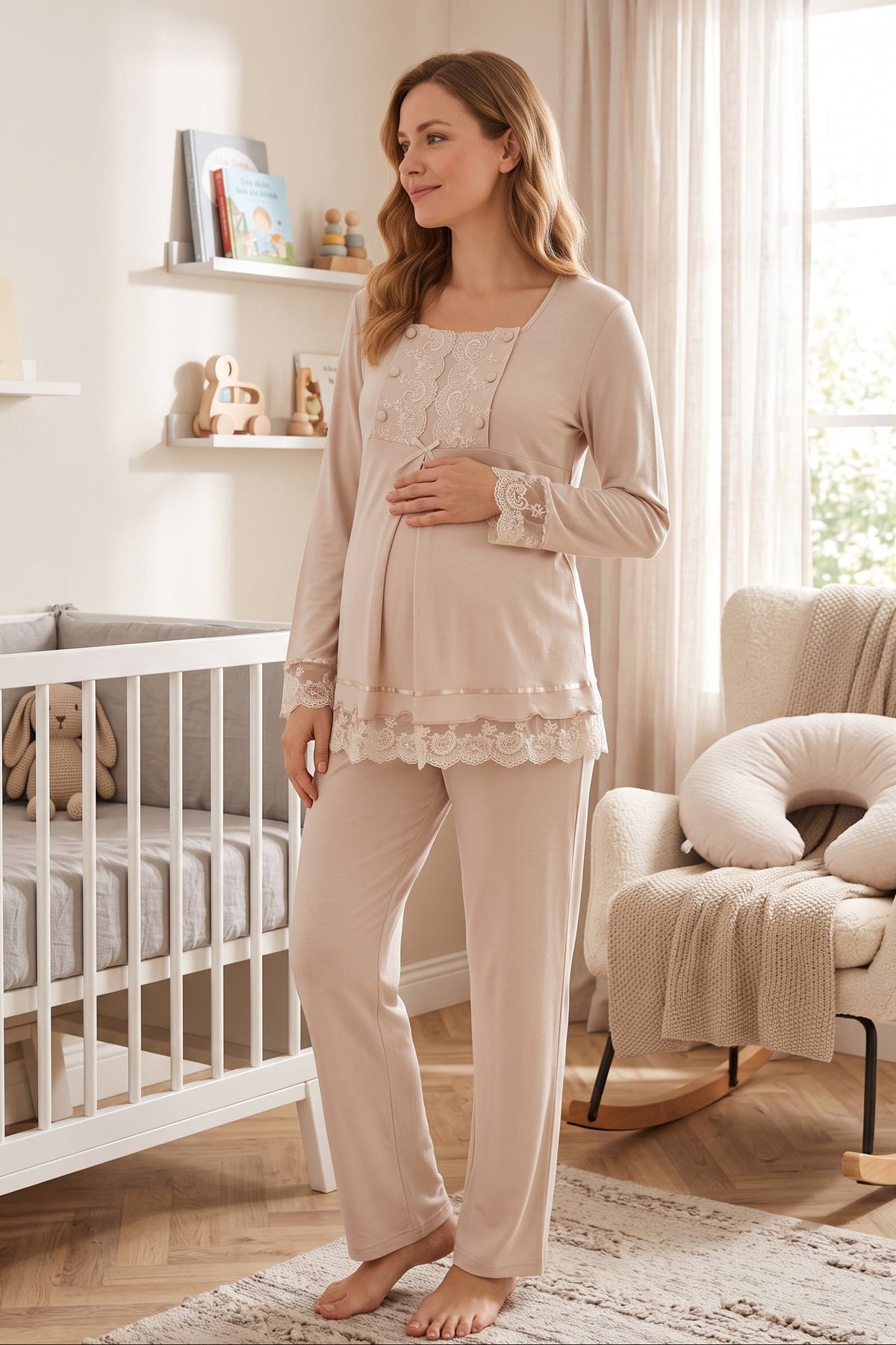 Lace Sleeve Maternity Feeding-Friendly Pajama Set Mink - T3045