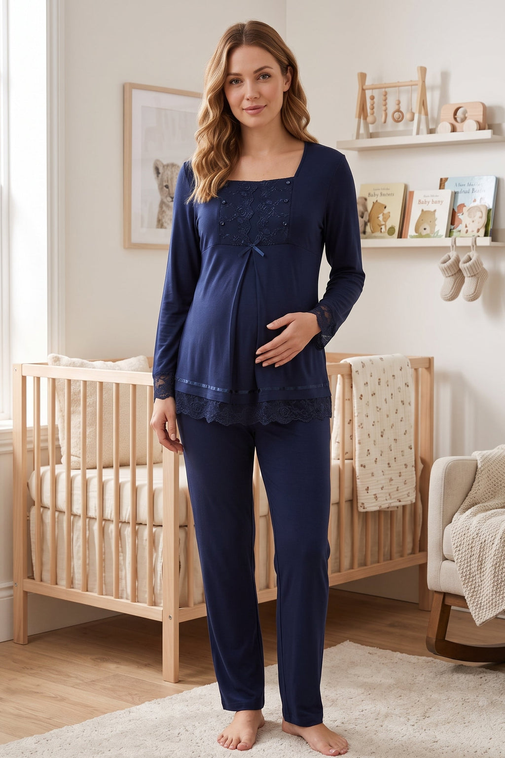 Lace Sleeve Maternity Feeding-Friendly Pajama Set Navy Blue - T3045
