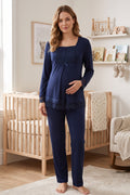 Lace Sleeve Maternity Feeding-Friendly Pajama Set Navy Blue - T3045