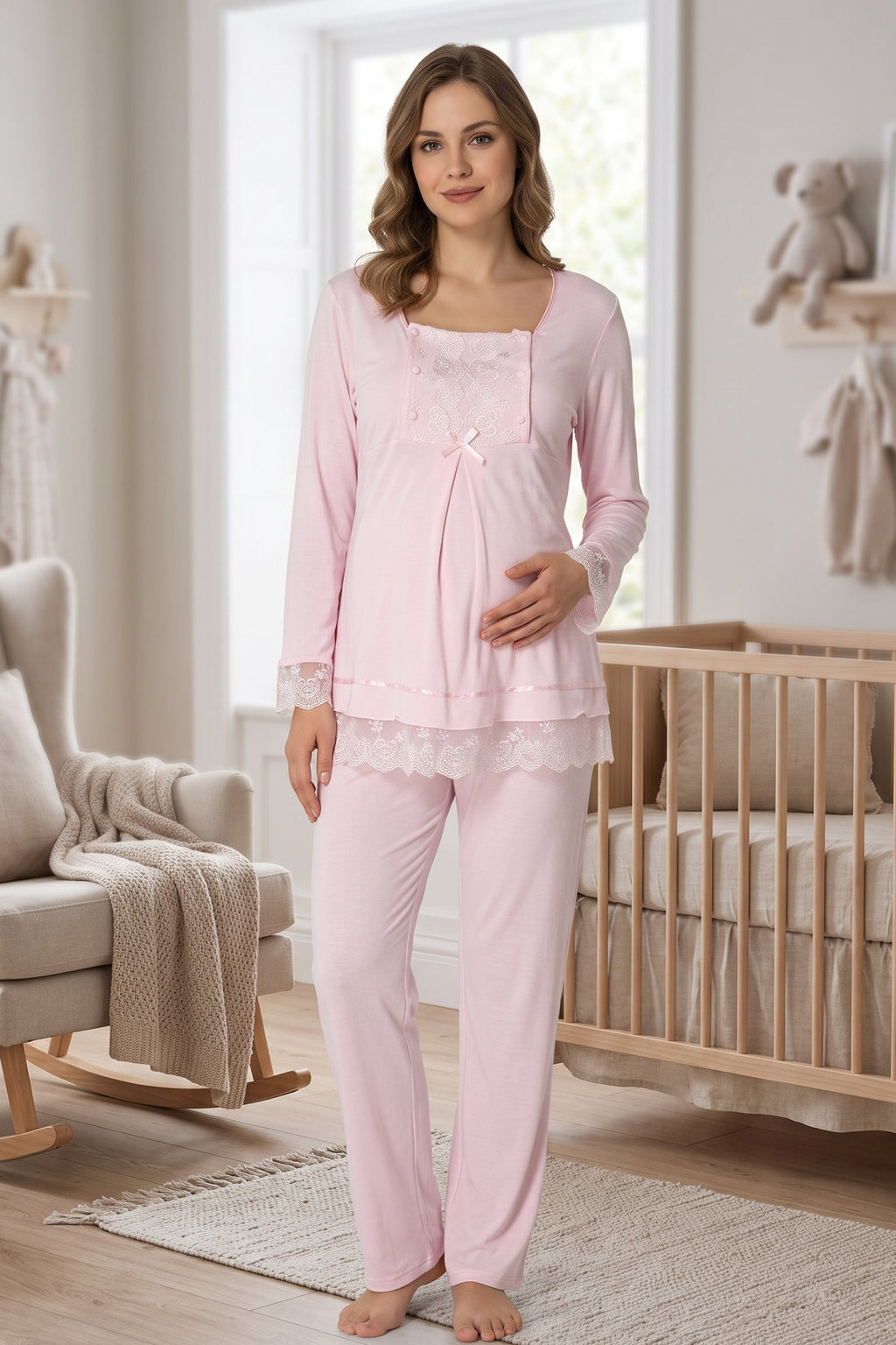 Lace Sleeve Maternity Feeding-Friendly Pajama Set Pink - T3045