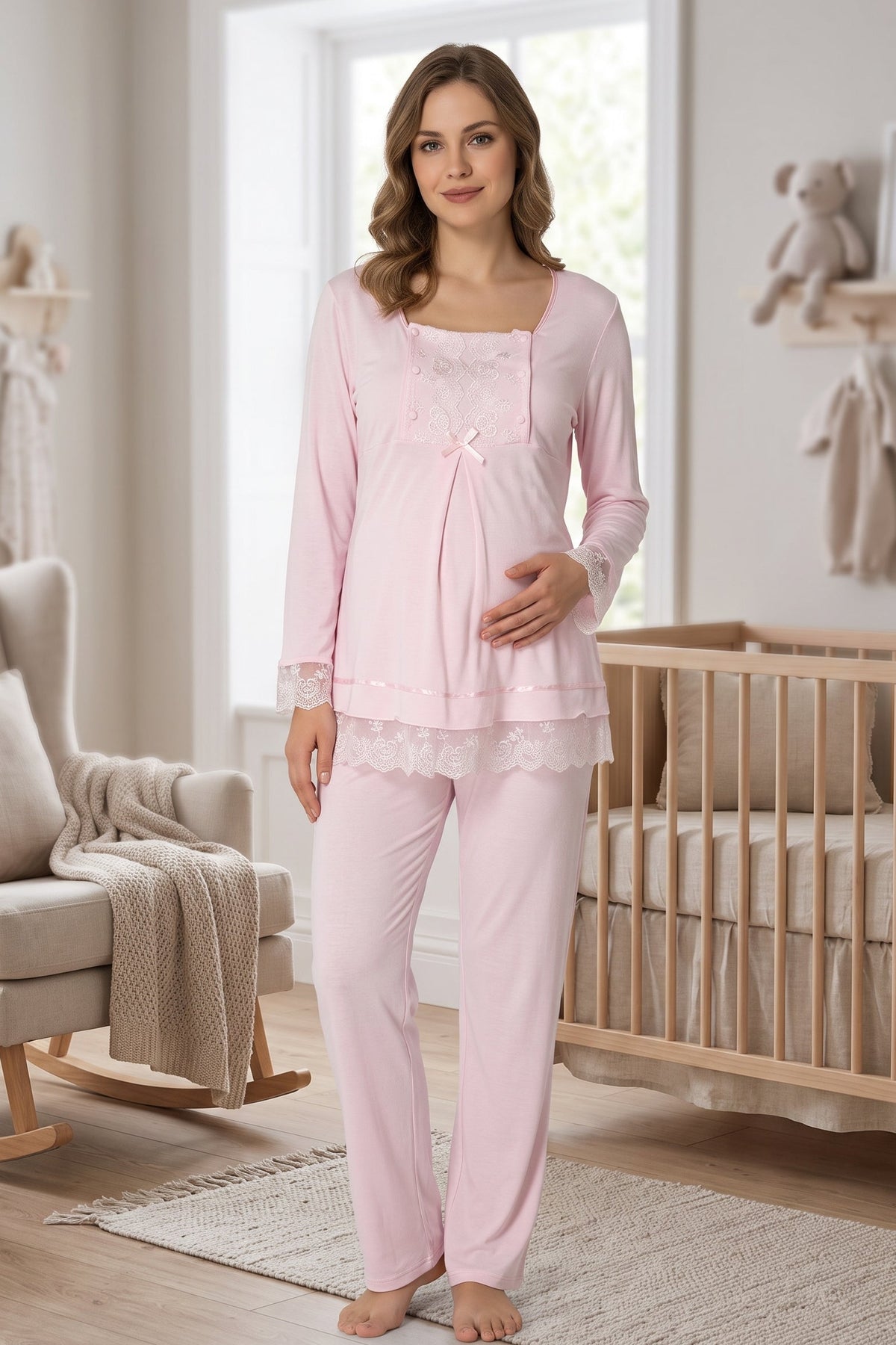 Lace Sleeve Maternity Feeding-Friendly Pajama Set Pink - T3045