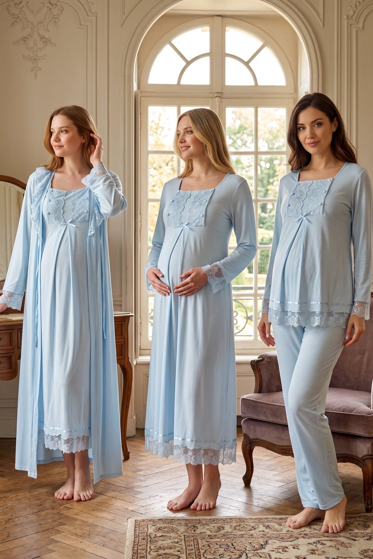Lace Sleeve 4-Piece Maternity Feeding-Friendly Set Blue - T3046