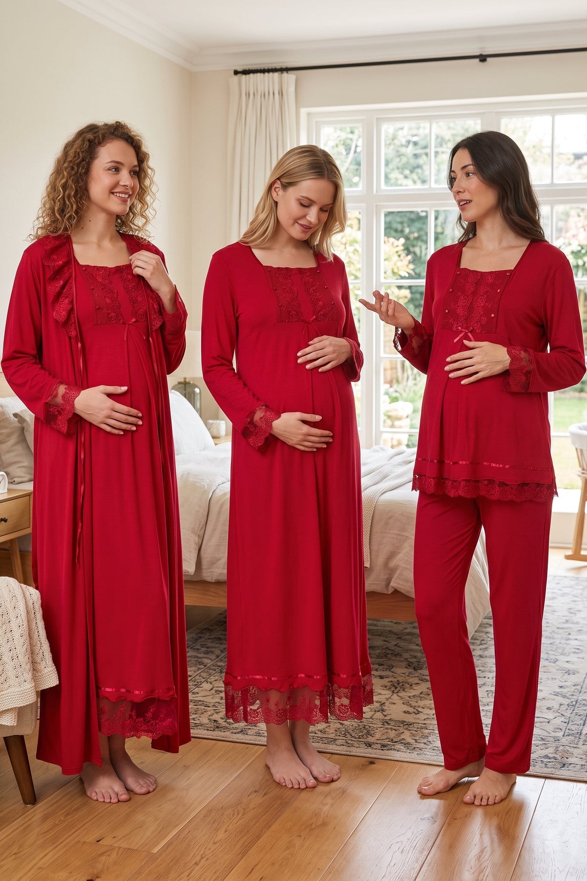 Lace Sleeve 4-Piece Maternity Feeding-Friendly Set Cherry - T3046