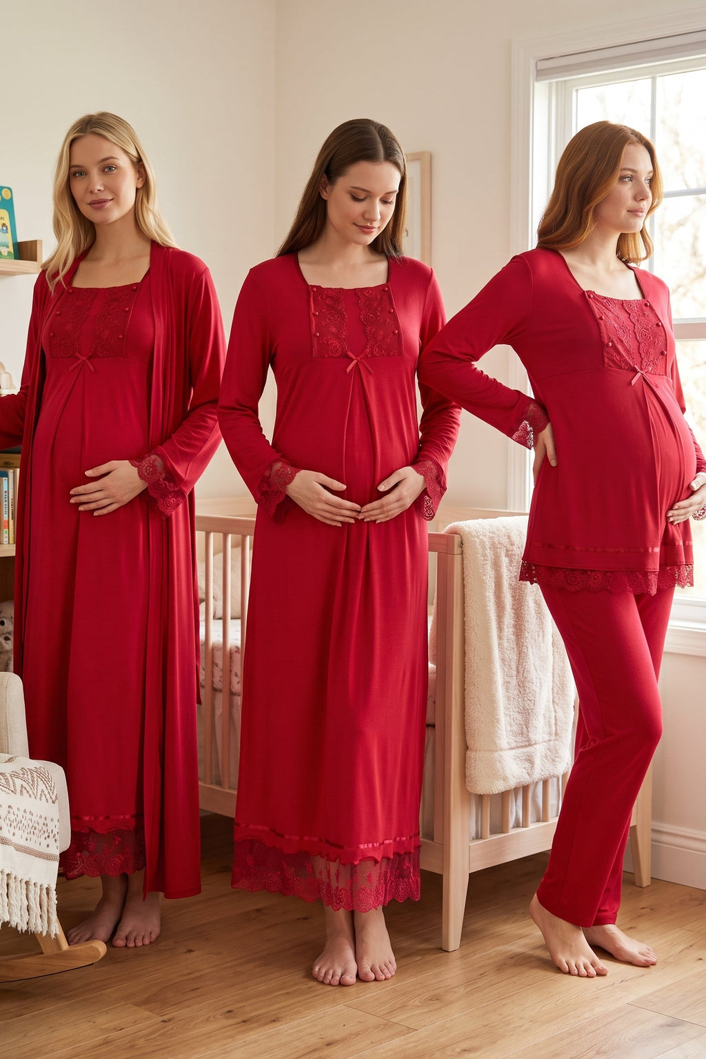 Lace Sleeve 4-Piece Maternity Feeding-Friendly Set Cherry - T3046