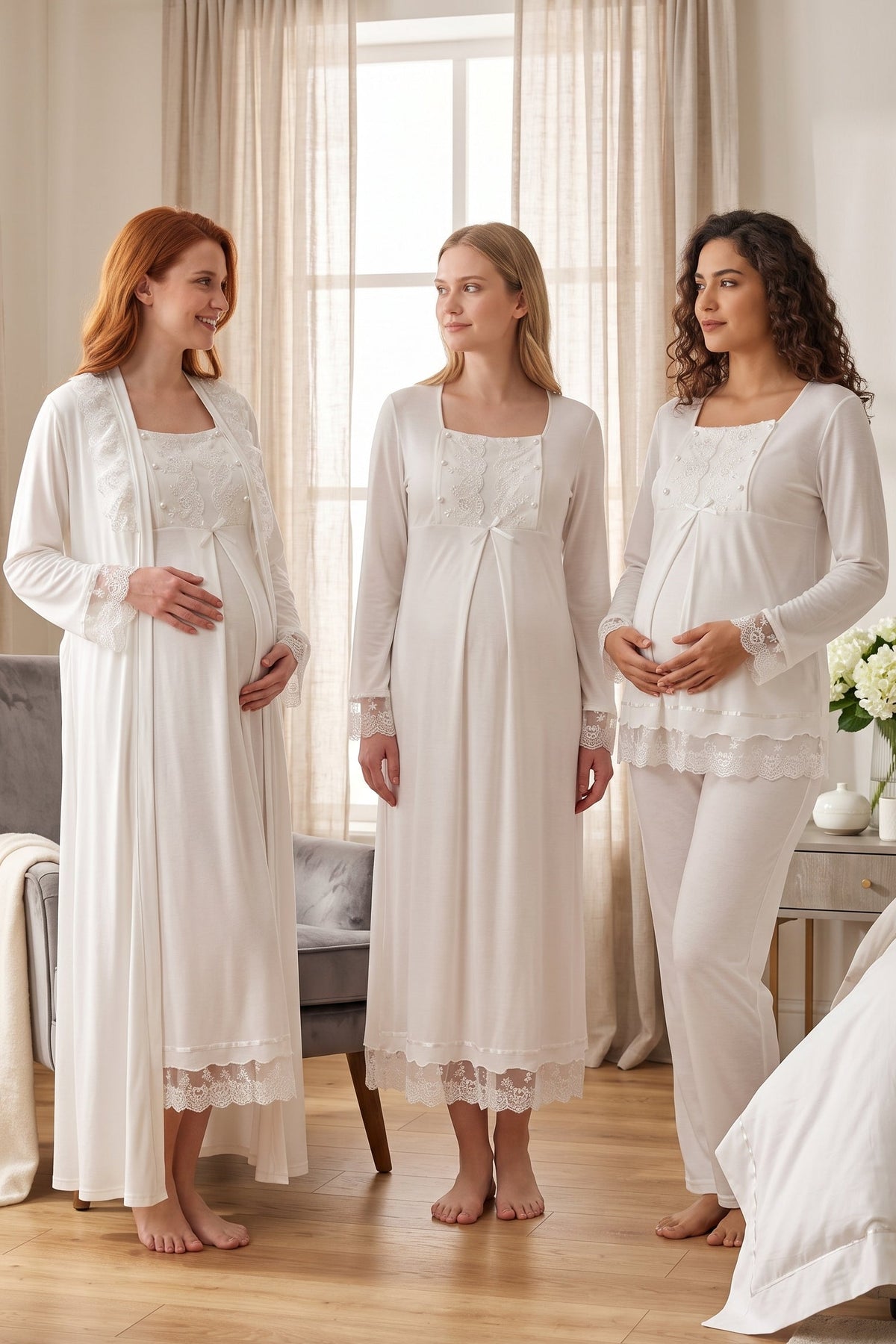 Lace Sleeve 4-Piece Maternity Feeding-Friendly Set Ecru - T3046