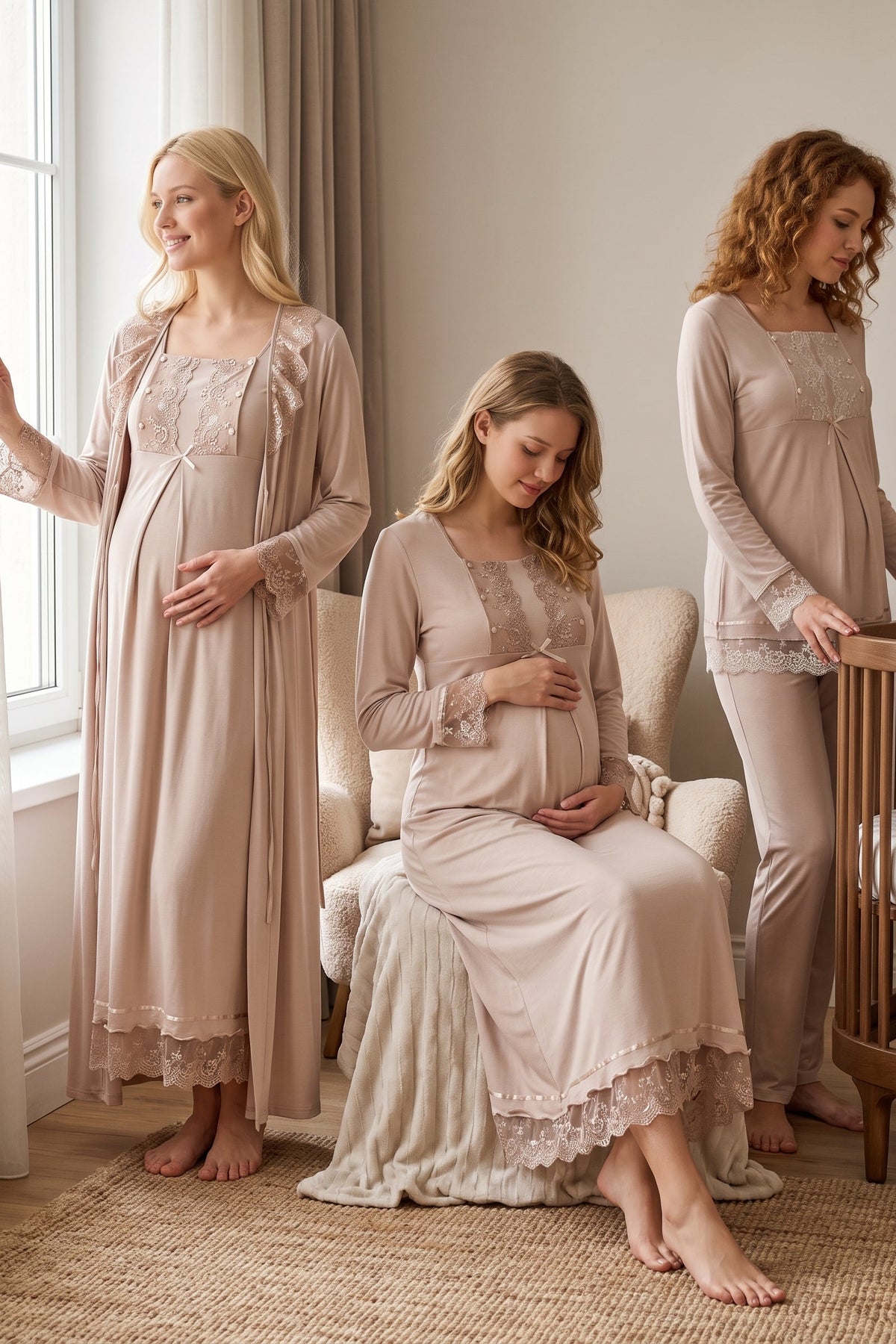 Lace Sleeve 4-Piece Maternity Feeding-Friendly Set Mink - T3046