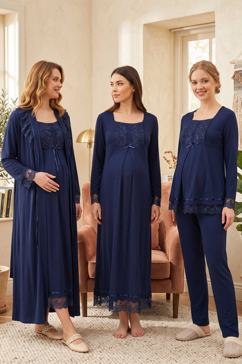Lace Sleeve 4-Piece Maternity Feeding-Friendly Set Navy Blue - T3046