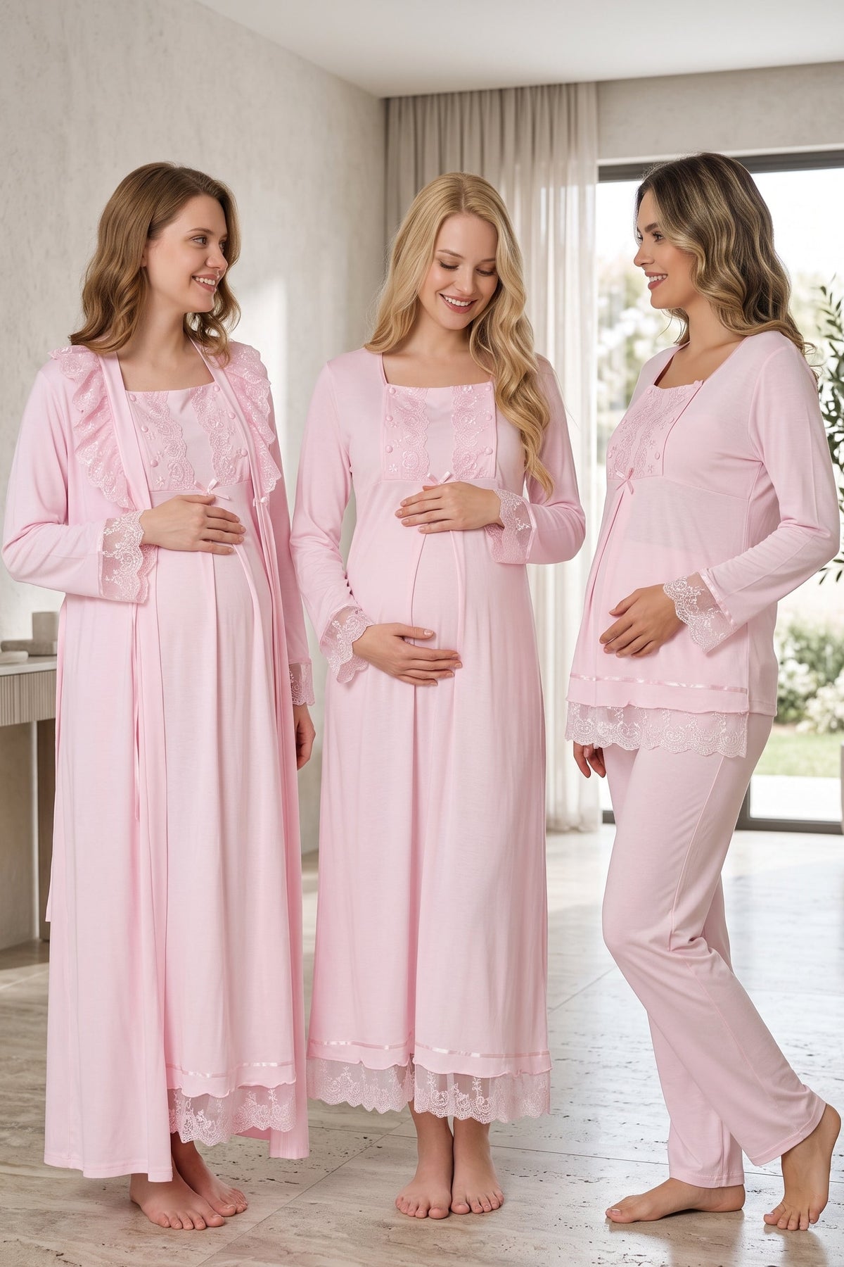 Lace Sleeve 4-Piece Maternity Feeding-Friendly Set Pink - T3046