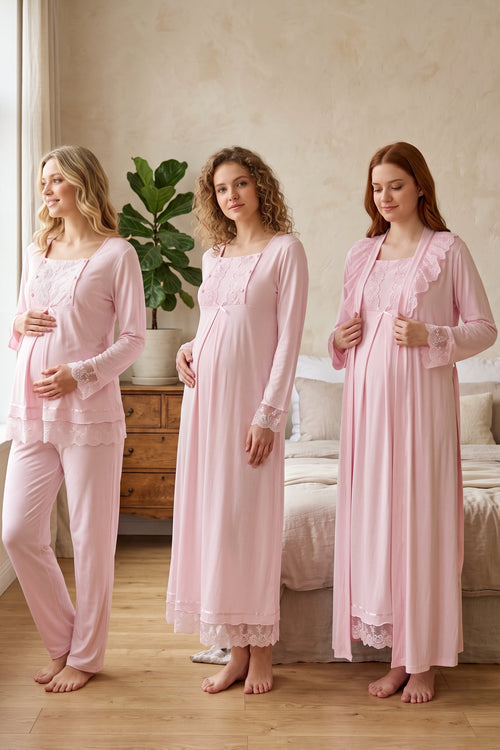 Lace Sleeve 4-Piece Maternity Feeding-Friendly Set Pink - T3046