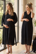 Broderie Anglaise Embroidery Maternity Feeding-Friendly Nightgown & Robe Set Black - T3050