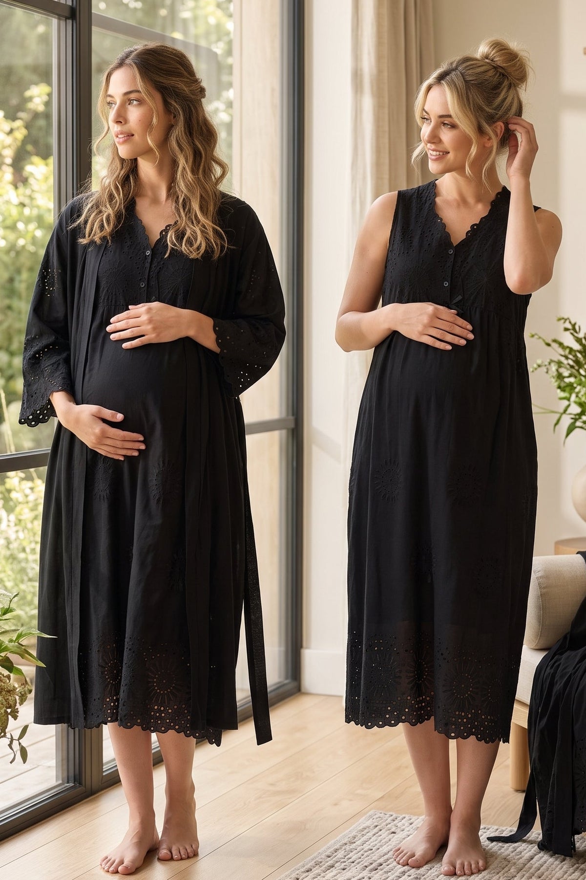 Broderie Anglaise Embroidery Maternity Feeding-Friendly Nightgown & Robe Set Black - T3050