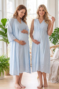 Broderie Anglaise Embroidery Maternity Feeding-Friendly Nightgown & Robe Set Blue - T3050