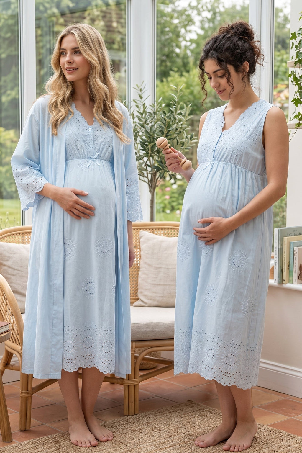 Broderie Anglaise Embroidery Maternity Feeding-Friendly Nightgown & Robe Set Blue - T3050