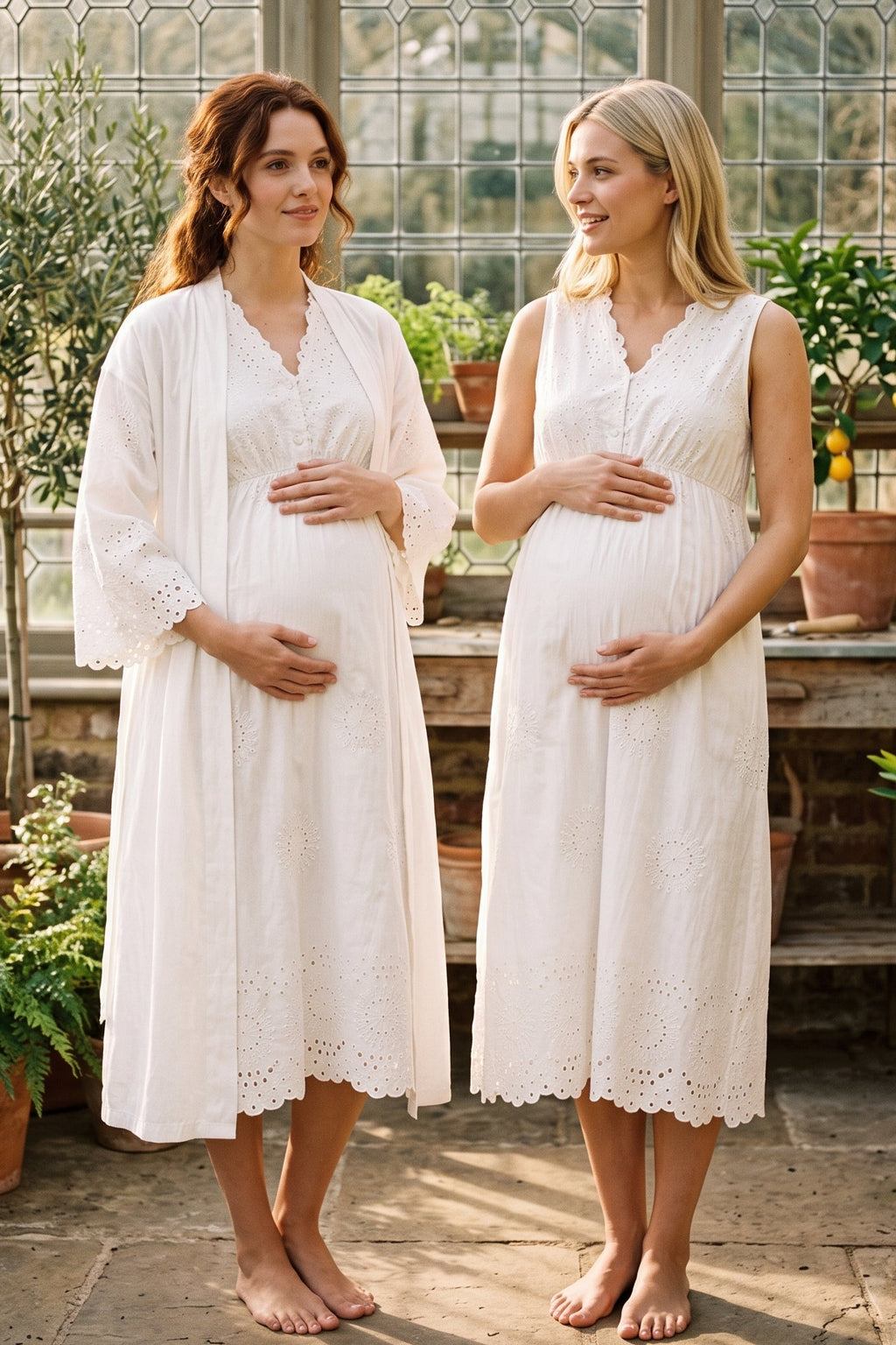 Broderie Anglaise Embroidery Maternity Feeding-Friendly Nightgown & Robe Set Ecru - T3050