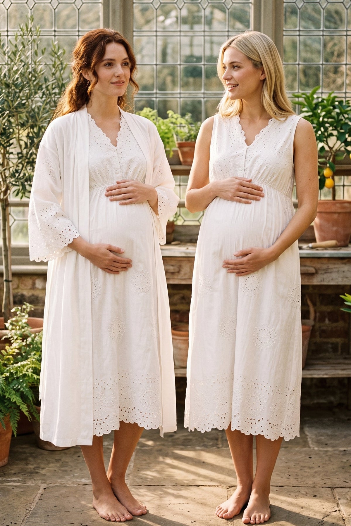 Broderie Anglaise Embroidery Maternity Feeding-Friendly Nightgown & Robe Set Ecru - T3050