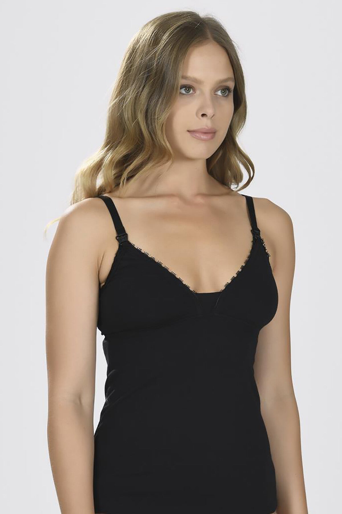 Lace-Trim Nursing Camisole Tank Top Sweetheart Neckline Black - 3050