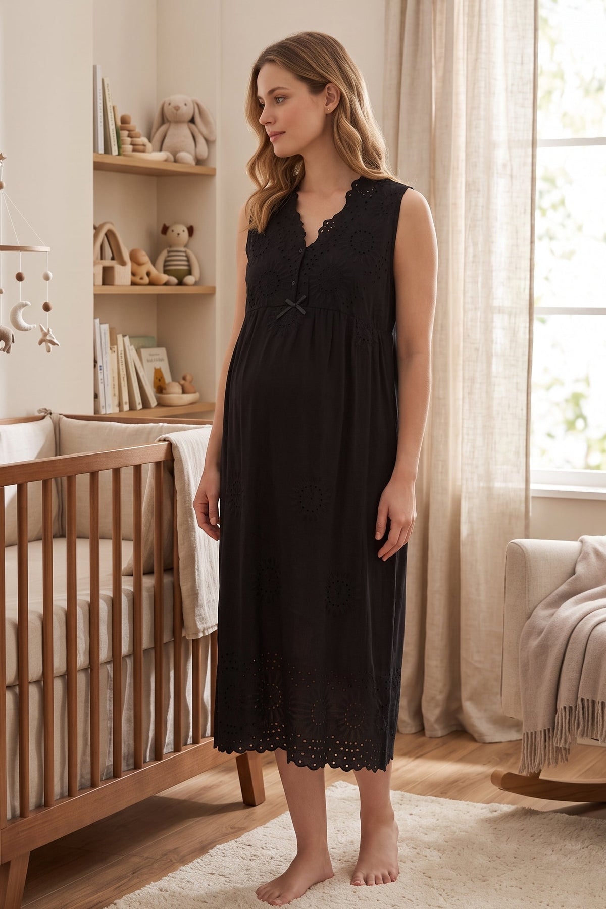 Broderie Anglaise Embroidery Maternity Feeding-Friendly Nightgown Black - T3053
