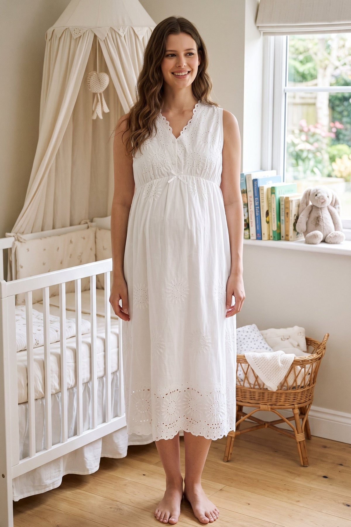 Broderie Anglaise Embroidery Maternity Feeding-Friendly Nightgown Ecru - T3053