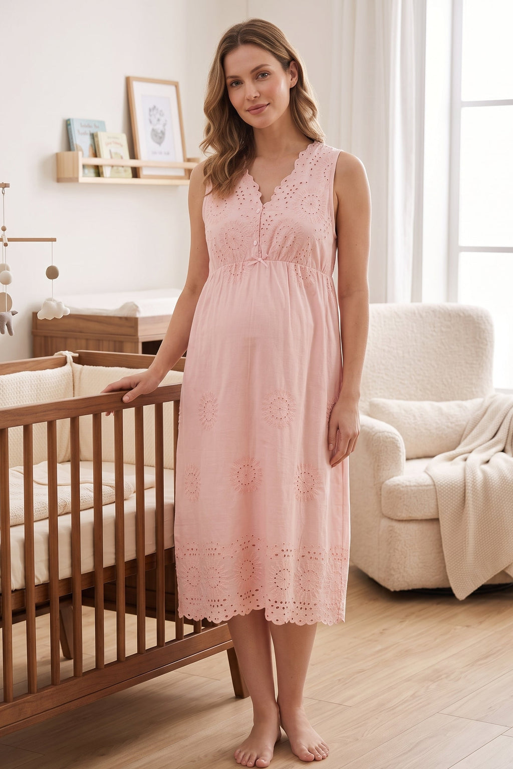Broderie Anglaise Embroidery Maternity Feeding-Friendly Nightgown Powder - T3053