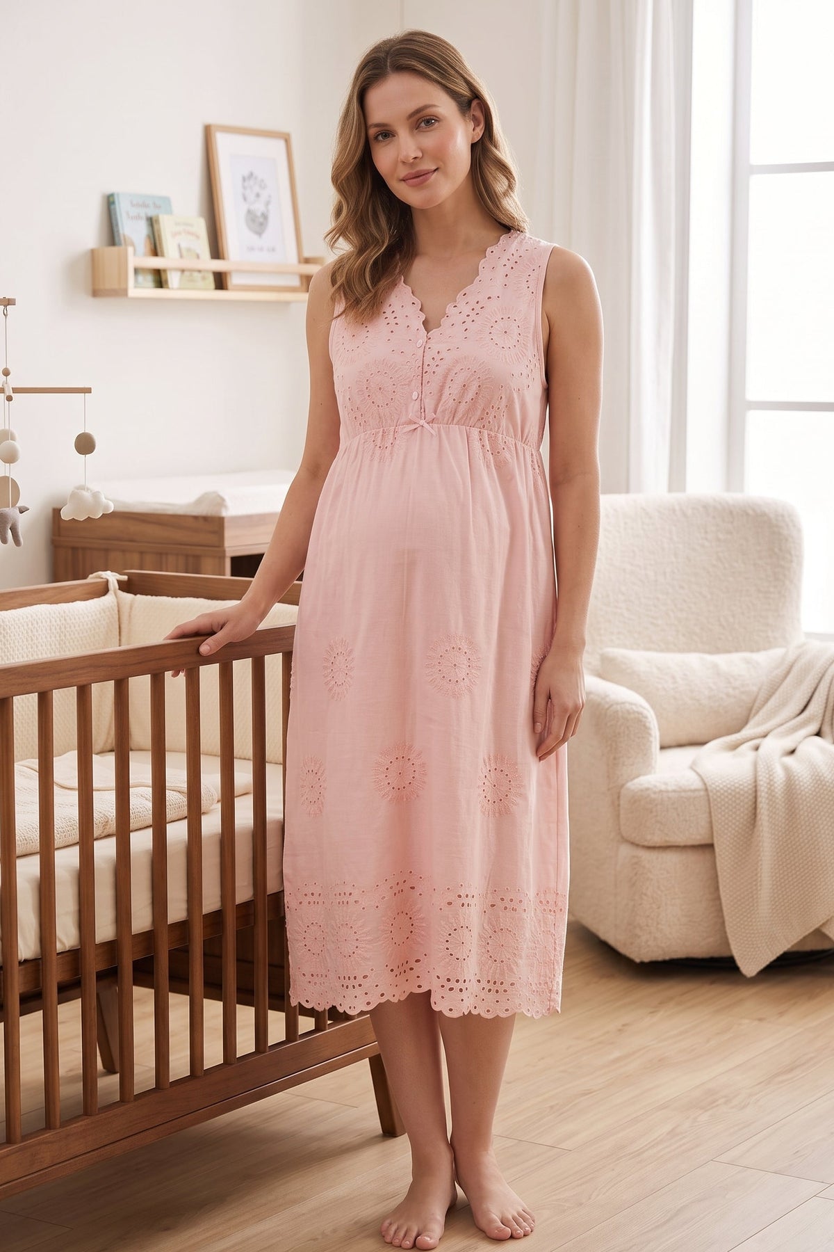 Broderie Anglaise Embroidery Maternity Feeding-Friendly Nightgown Powder - T3053