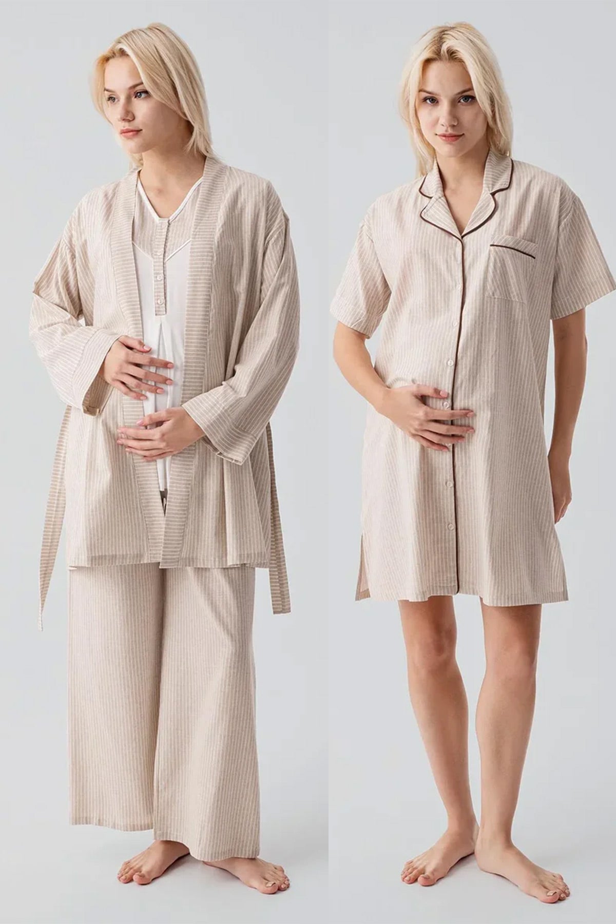 Striped Woven Cotton 4-Piece Maternity Feeding-Friendly Set Beige - S308108