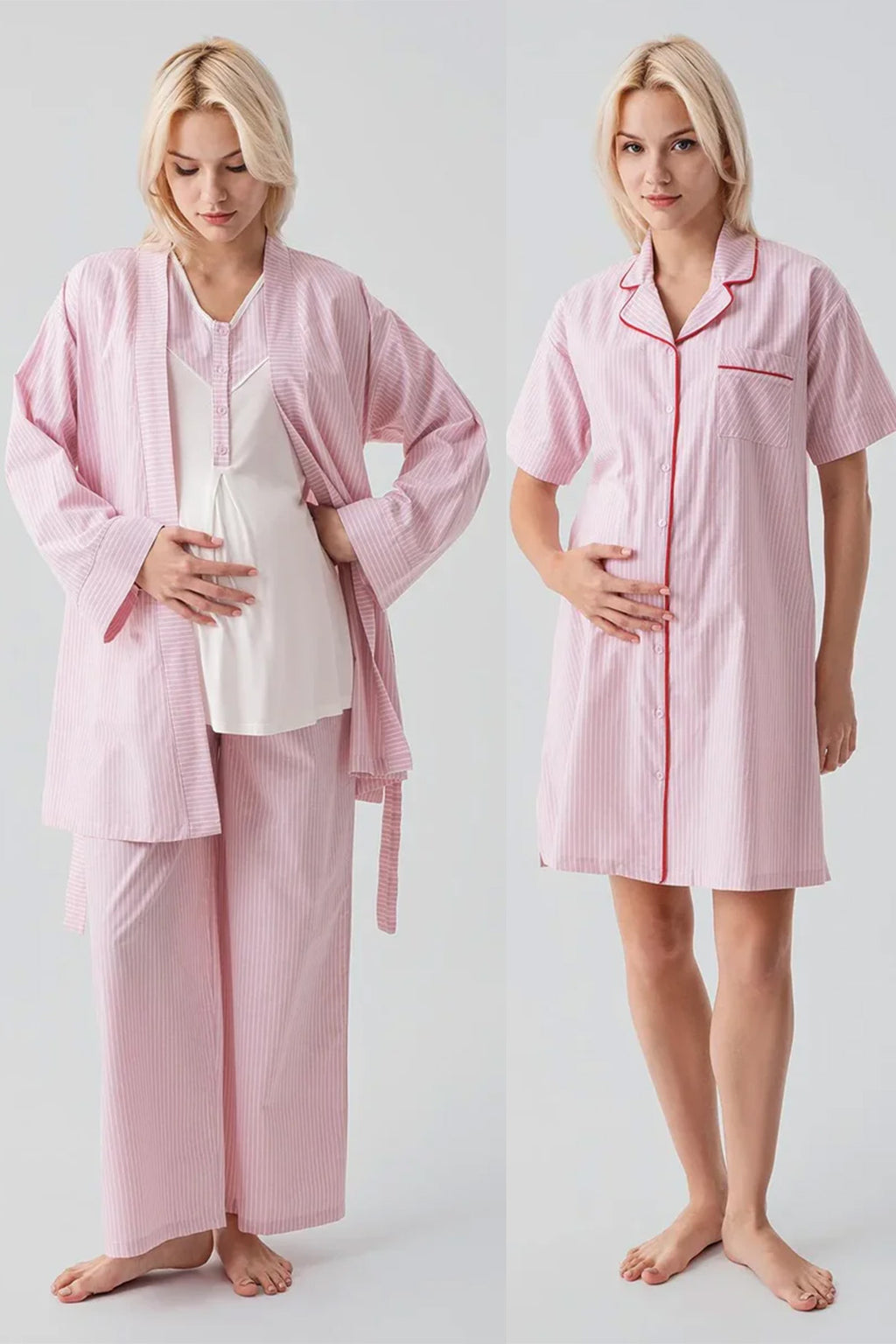 Striped Woven Cotton 4-Piece Maternity Feeding-Friendly Set Pink - S308108