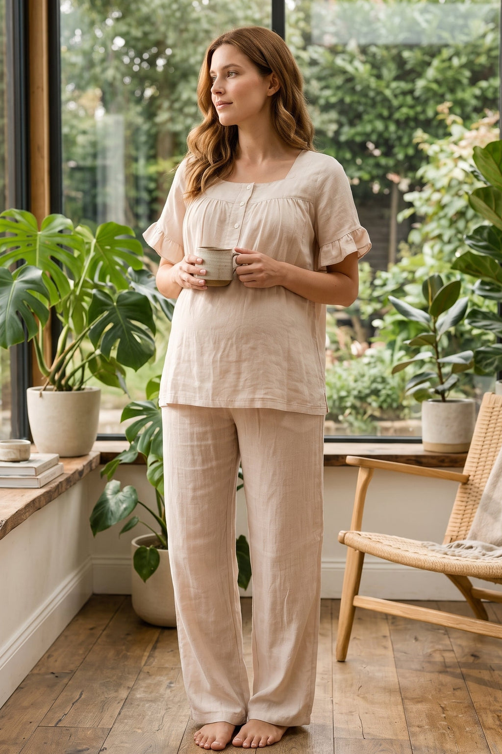 Ruffle-Sleeve Muslin Maternity Feeding-Friendly Pajama Set Beige - T3082