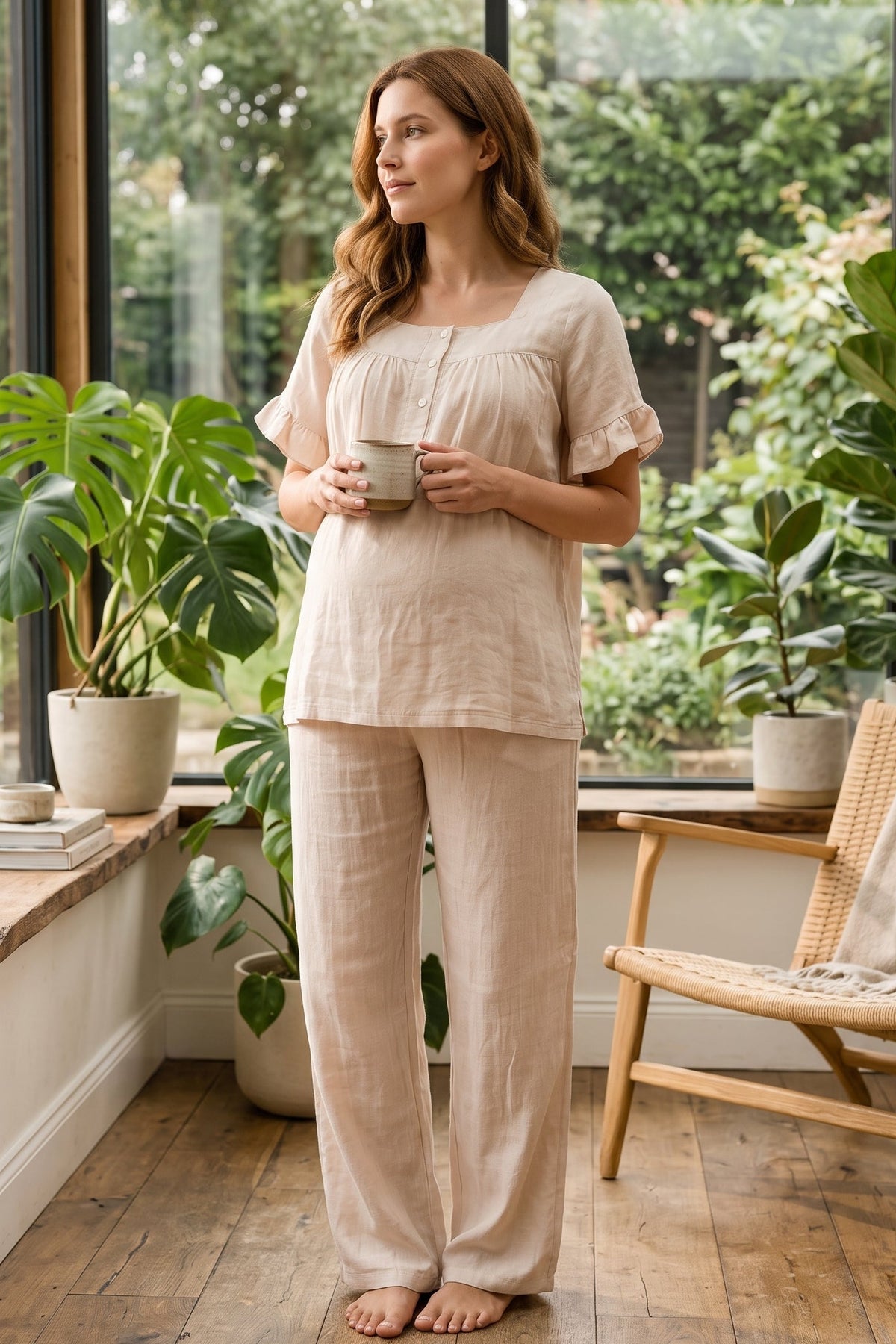 Ruffle-Sleeve Muslin Maternity Feeding-Friendly Pajama Set Beige - T3082