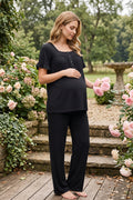 Ruffle-Sleeve Muslin Maternity Feeding-Friendly Pajama Set Black - T3082