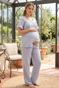 Ruffle-Sleeve Muslin Maternity Feeding-Friendly Pajama Set Grey - T3082