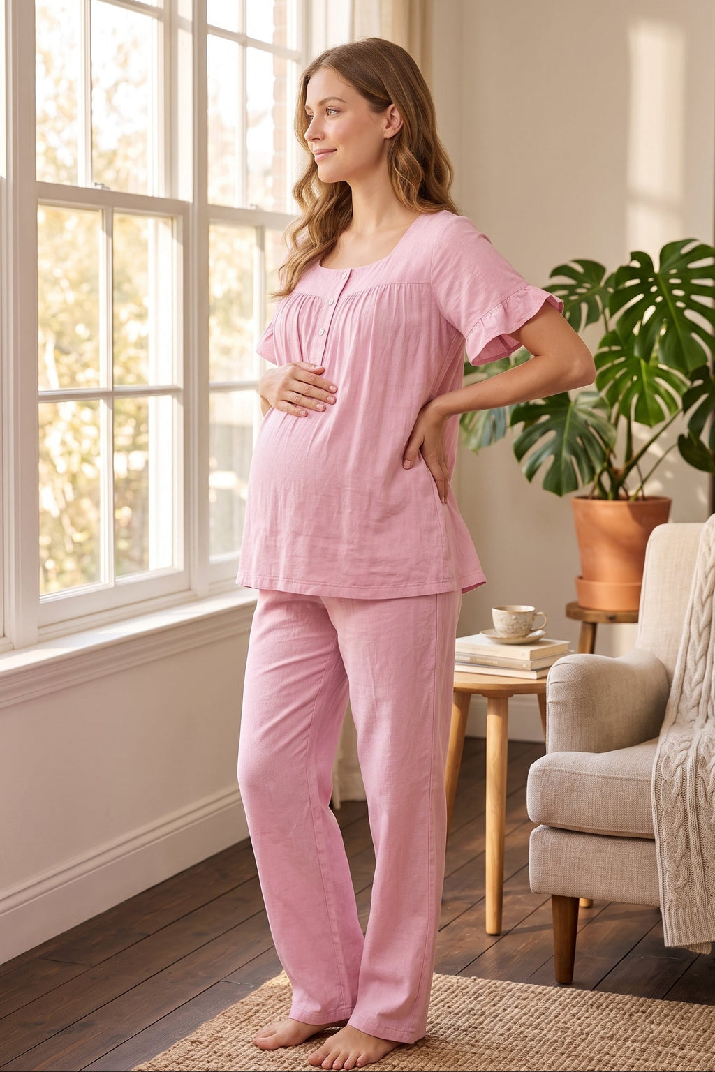 Ruffle-Sleeve Muslin Maternity Feeding-Friendly Pajama Set Pink - T3082