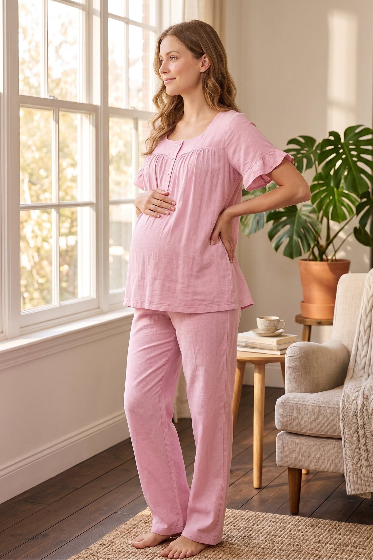 Ruffle-Sleeve Muslin Maternity Feeding-Friendly Pajama Set Pink - T3082