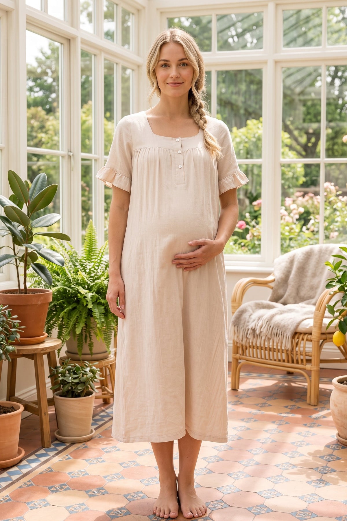 Ruffle-Sleeve Muslin Maternity Feeding-Friendly Nightgown Beige - T3083