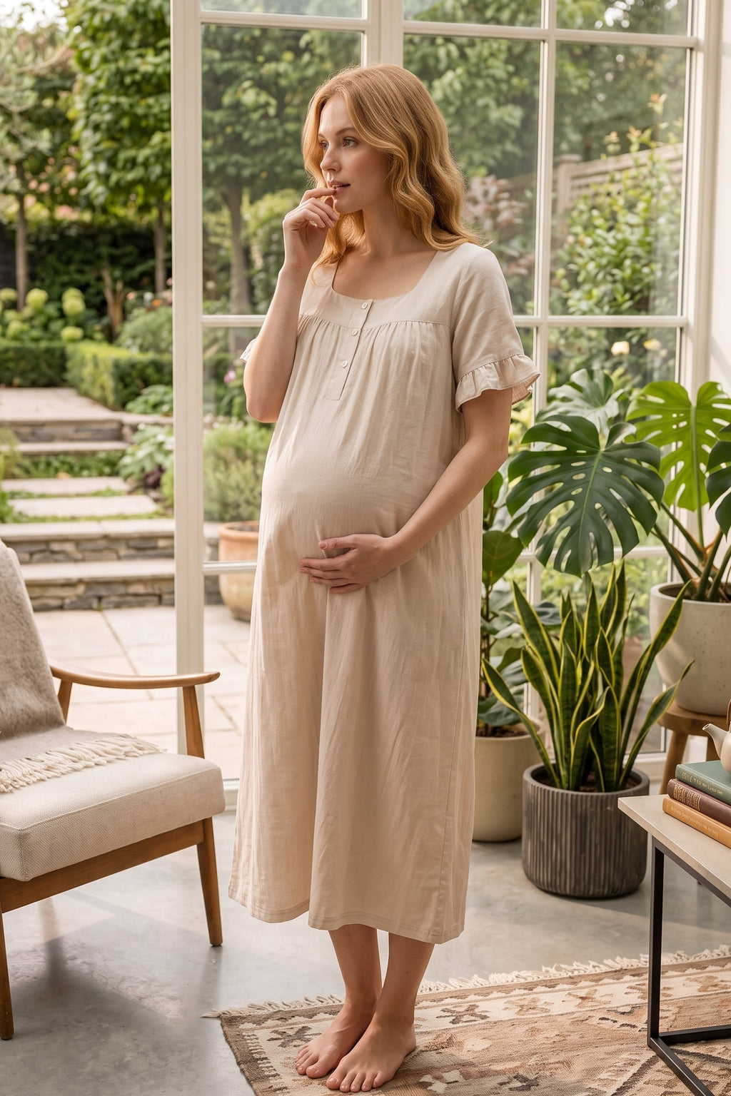 Ruffle-Sleeve Muslin Maternity Feeding-Friendly Nightgown Beige - T3083