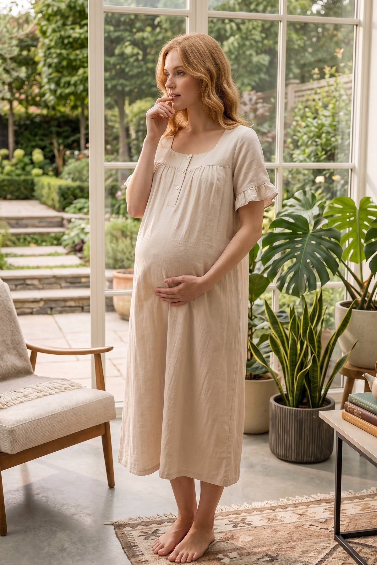 Ruffle-Sleeve Muslin Maternity Feeding-Friendly Nightgown Beige - T3083