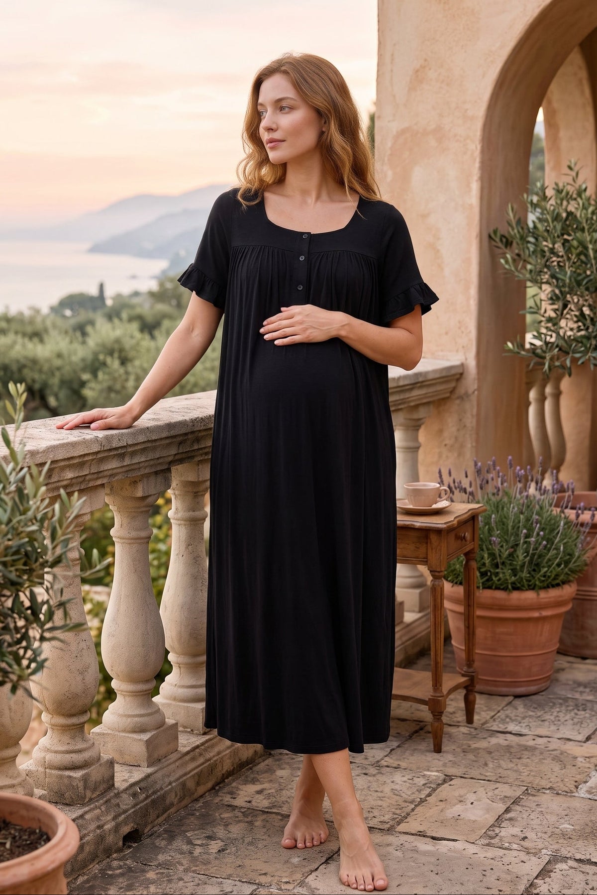 Ruffle-Sleeve Muslin Maternity Feeding-Friendly Nightgown Black - T3083