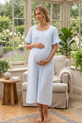Ruffle-Sleeve Muslin Maternity Feeding-Friendly Nightgown Blue - T3083